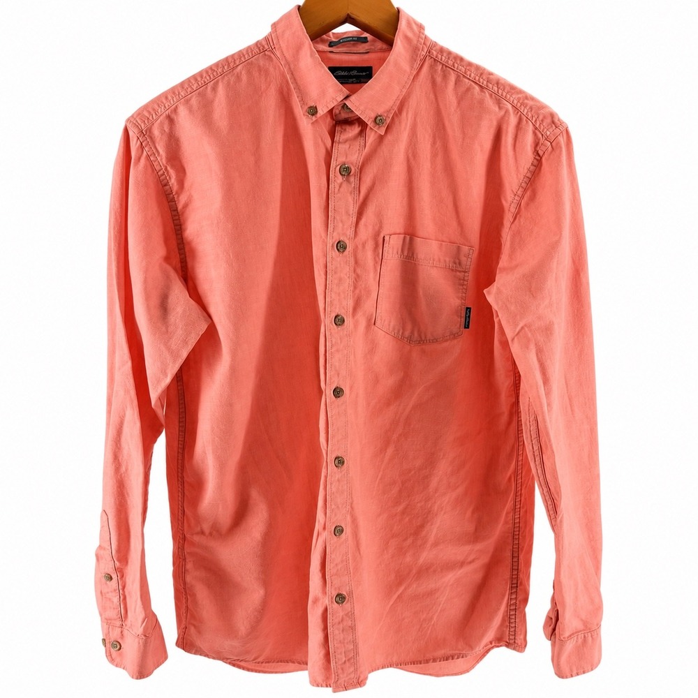 Eddie Bauer Mens Classic Fit Button Down Shirt Coral Orange Long Sleeve-Large